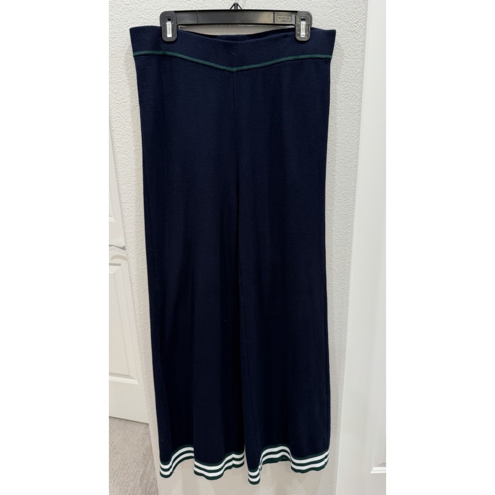 Caroline Constas Navy Blue Knit Wide Leg Pants Green White Striped Trim Size L